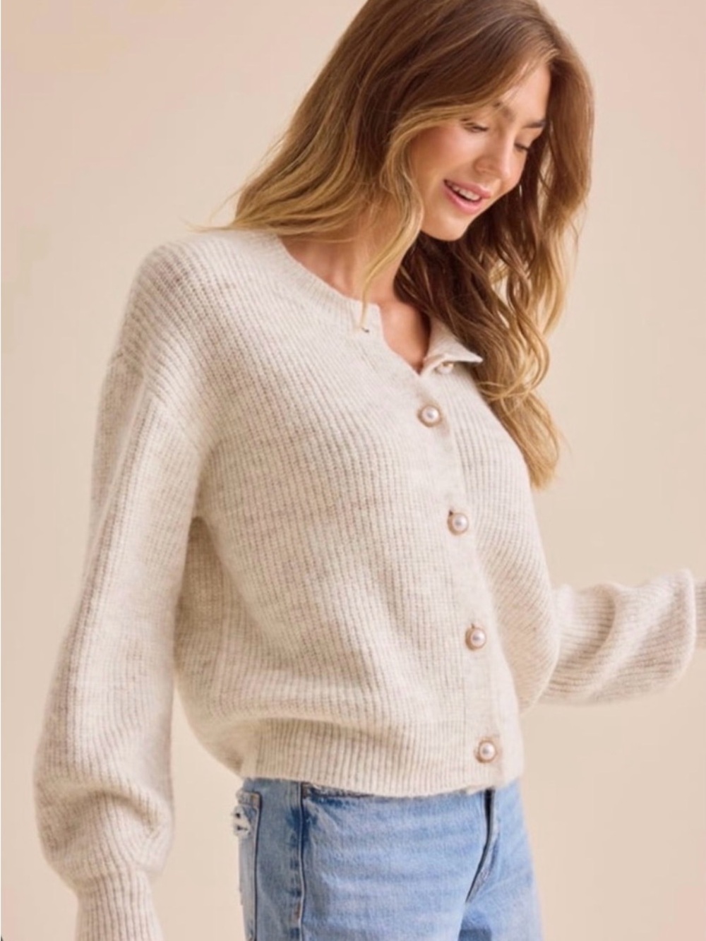 Altar'd State Cream WoolBlend Ribbed Pearl-Button Cardigan
